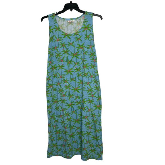 VTG Gloria’s Fashion Beach Tank Maxi Dress Sz Medium Blue Green Palm Trees Slit - Picture 1 of 10